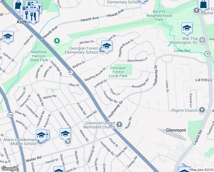 map of restaurants, bars, coffee shops, grocery stores, and more near 2830 Vixen Lane in Silver Spring