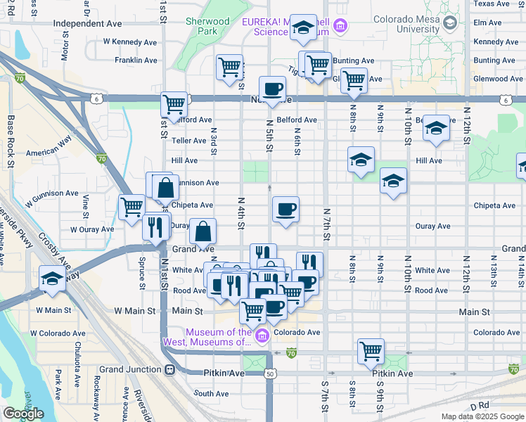 map of restaurants, bars, coffee shops, grocery stores, and more near 423 Chipeta Avenue in Grand Junction