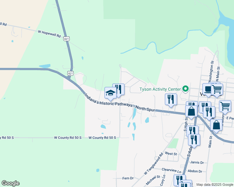 map of restaurants, bars, coffee shops, grocery stores, and more near 203 Gaslight Drive in Versailles