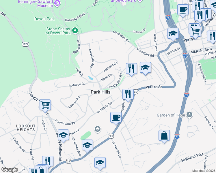map of restaurants, bars, coffee shops, grocery stores, and more near 1062 Amsterdam Road in Park Hills