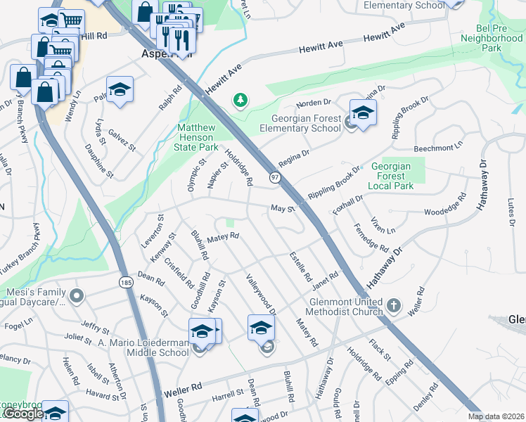 map of restaurants, bars, coffee shops, grocery stores, and more near 13124 Estelle Road in Silver Spring