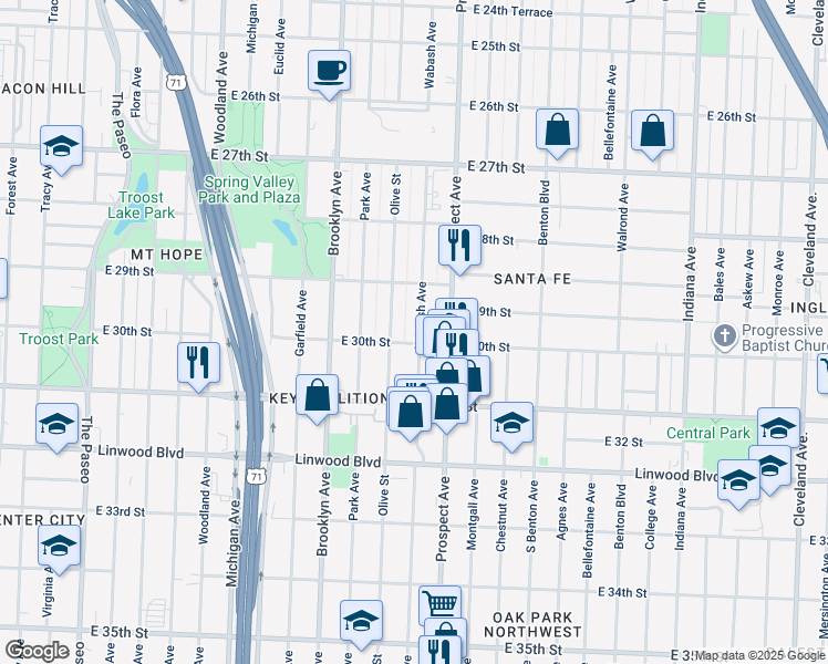 map of restaurants, bars, coffee shops, grocery stores, and more near 2940 Wabash Avenue in Kansas City