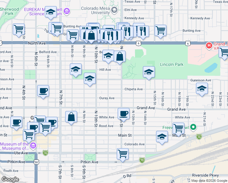 map of restaurants, bars, coffee shops, grocery stores, and more near 1127 Chipeta Avenue in Grand Junction