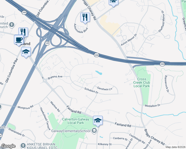 map of restaurants, bars, coffee shops, grocery stores, and more near 13288 Musicmaster Drive in Silver Spring