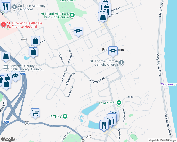 map of restaurants, bars, coffee shops, grocery stores, and more near 162 Tremont Avenue in Fort Thomas