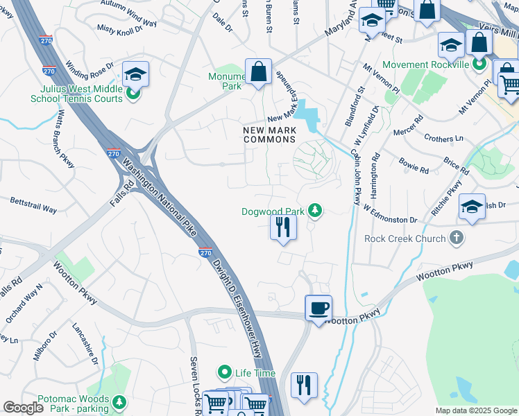 map of restaurants, bars, coffee shops, grocery stores, and more near 2 Tapiola Court in Rockville