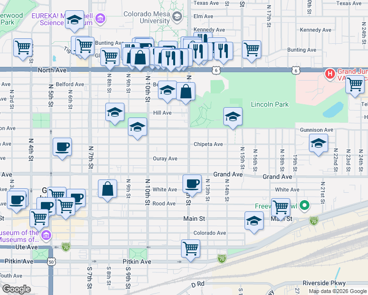 map of restaurants, bars, coffee shops, grocery stores, and more near 1127 Chipeta Avenue in Grand Junction