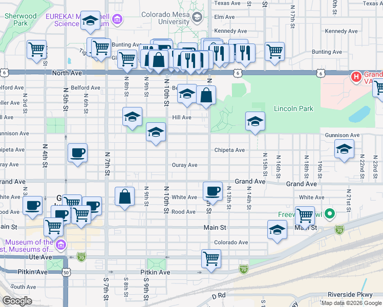 map of restaurants, bars, coffee shops, grocery stores, and more near 1127 Chipeta Avenue in Grand Junction