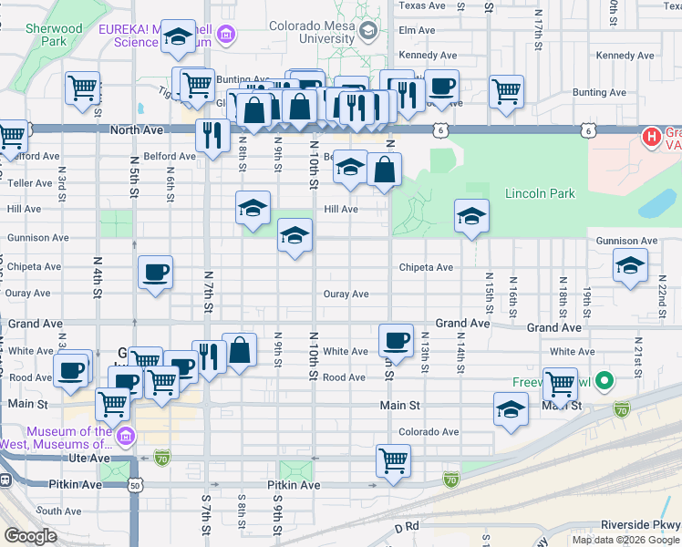 map of restaurants, bars, coffee shops, grocery stores, and more near 1039 Chipeta Avenue in Grand Junction
