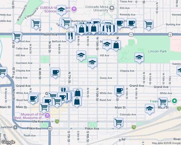 map of restaurants, bars, coffee shops, grocery stores, and more near 953 Chipeta Avenue in Grand Junction