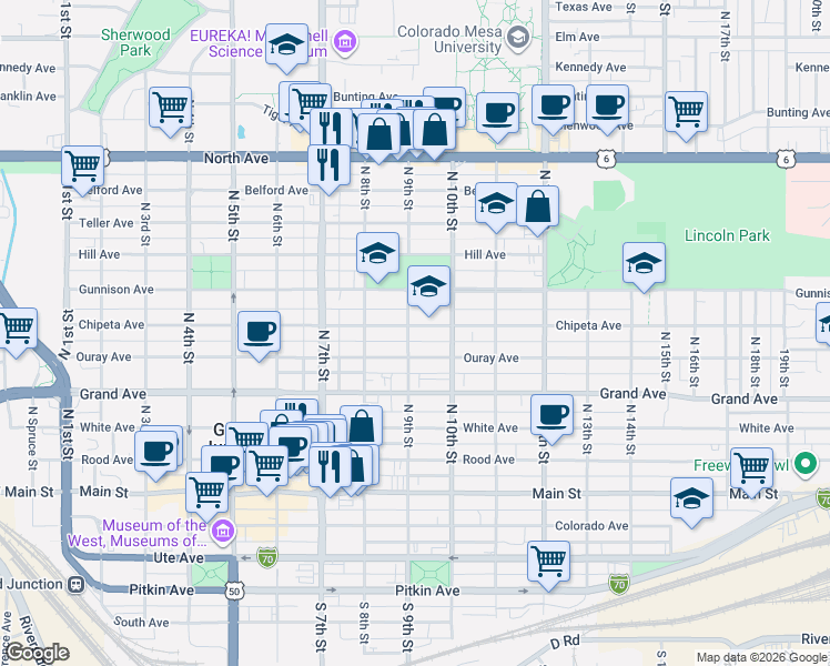 map of restaurants, bars, coffee shops, grocery stores, and more near 843 Chipeta Avenue in Grand Junction