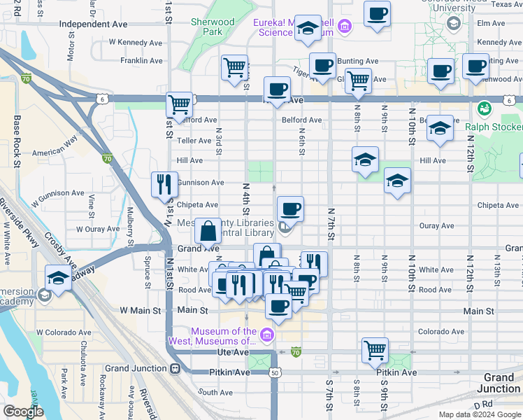 map of restaurants, bars, coffee shops, grocery stores, and more near 423 Chipeta Avenue in Grand Junction