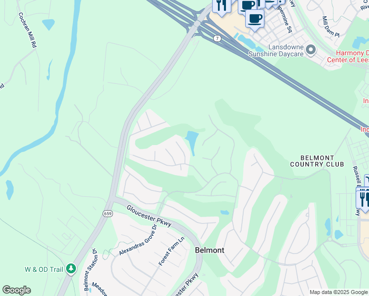 map of restaurants, bars, coffee shops, grocery stores, and more near 19666 Olympic Club Court in Ashburn