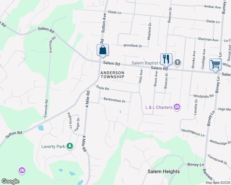 map of restaurants, bars, coffee shops, grocery stores, and more near 6191 Thole Road in Cincinnati
