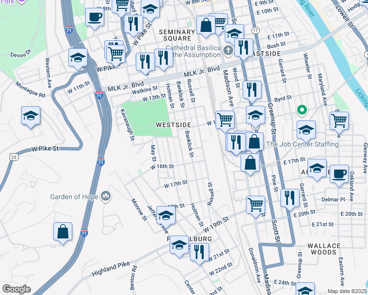 map of restaurants, bars, coffee shops, grocery stores, and more near 1540 Banklick Street in Covington