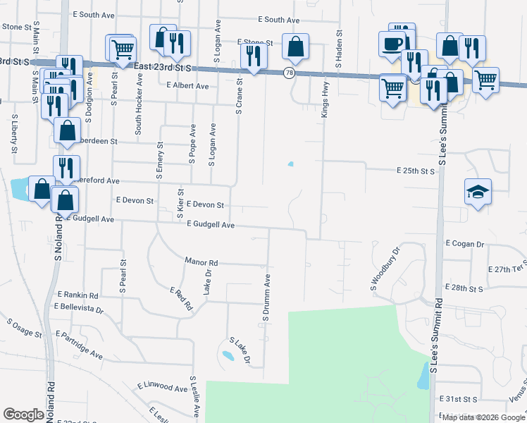 map of restaurants, bars, coffee shops, grocery stores, and more near 819 East Devon Street in Independence