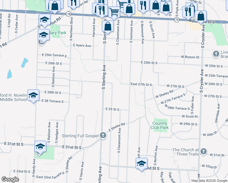 map of restaurants, bars, coffee shops, grocery stores, and more near 2715 Englewood Terrace in Independence
