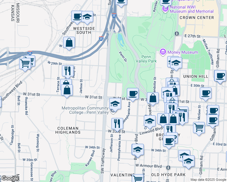 map of restaurants, bars, coffee shops, grocery stores, and more near 700 West 31st Street in Kansas City