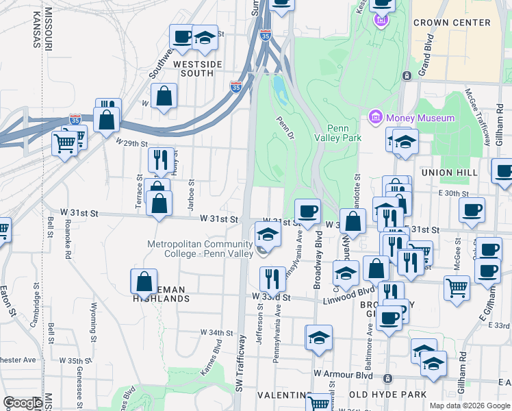 map of restaurants, bars, coffee shops, grocery stores, and more near 3030 Southwest Trafficway in Kansas City