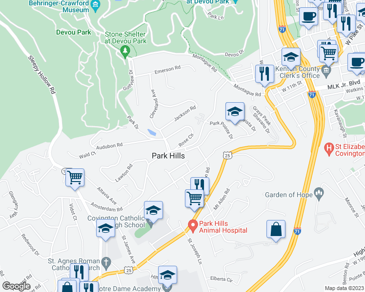 map of restaurants, bars, coffee shops, grocery stores, and more near 1056 Amsterdam Road in Park Hills