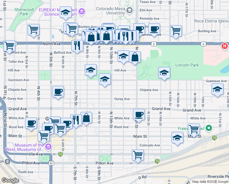 map of restaurants, bars, coffee shops, grocery stores, and more near 1015 Chipeta Avenue in Grand Junction