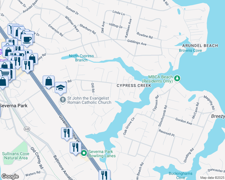 map of restaurants, bars, coffee shops, grocery stores, and more near 265 Ross Landing Road in Severna Park