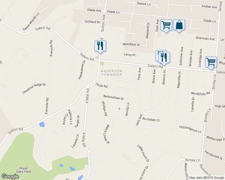 map of restaurants, bars, coffee shops, grocery stores, and more near 6191 Thole Road in Cincinnati