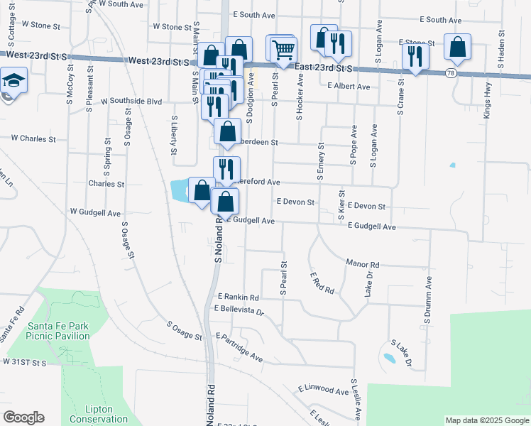 map of restaurants, bars, coffee shops, grocery stores, and more near 1532 South Pearl Street in Independence