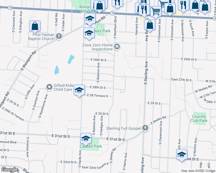 map of restaurants, bars, coffee shops, grocery stores, and more near 10704 East 28th Street South in Independence