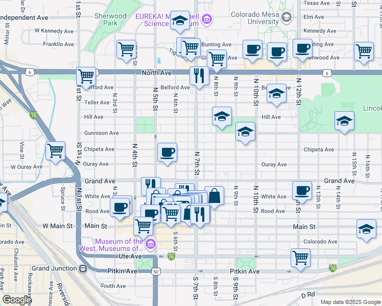 map of restaurants, bars, coffee shops, grocery stores, and more near 522 North 7th Street in Grand Junction