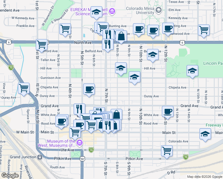 map of restaurants, bars, coffee shops, grocery stores, and more near 729 Chipeta Avenue in Grand Junction
