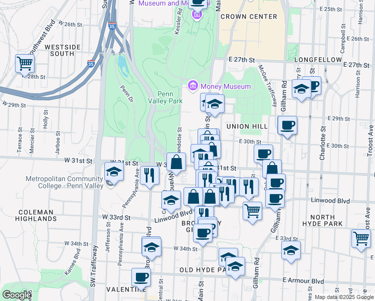 map of restaurants, bars, coffee shops, grocery stores, and more near 3030 Baltimore Avenue in Kansas City