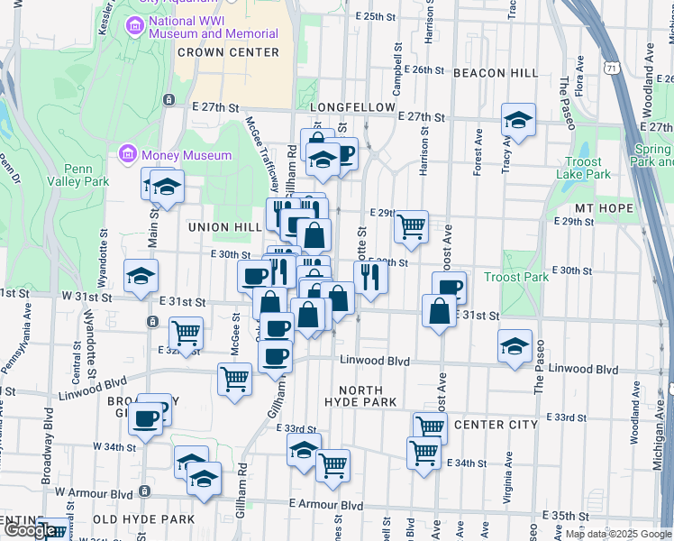 map of restaurants, bars, coffee shops, grocery stores, and more near 3009 Holmes Street in Kansas City