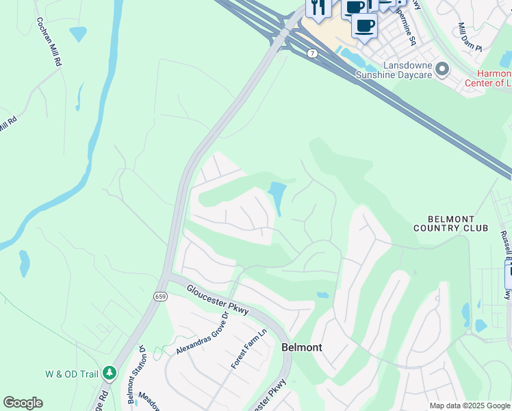 map of restaurants, bars, coffee shops, grocery stores, and more near 19659 Olympic Club Court in Ashburn