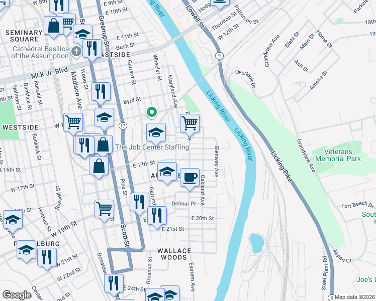 map of restaurants, bars, coffee shops, grocery stores, and more near 421 East 16th Street in Covington