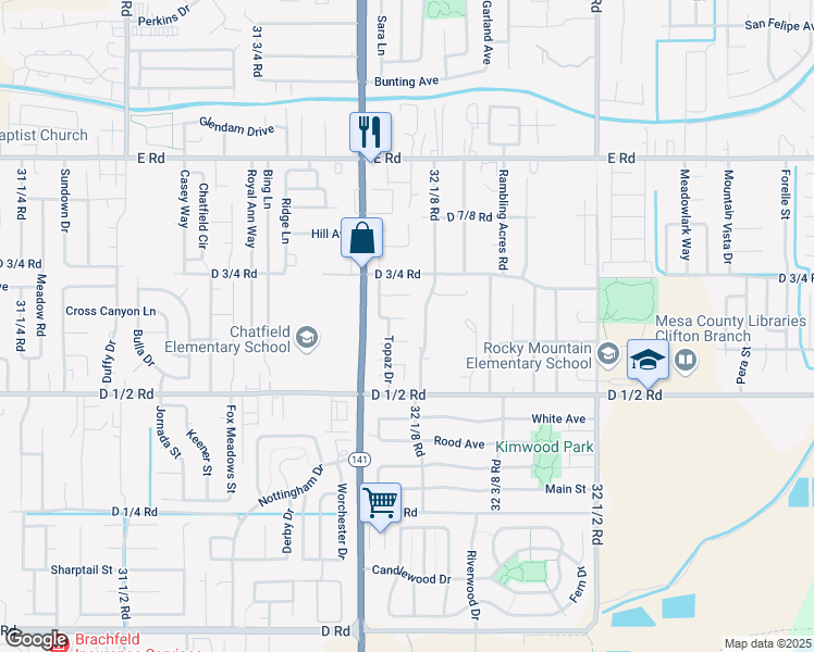 map of restaurants, bars, coffee shops, grocery stores, and more near 3209 Emerald Court in Clifton