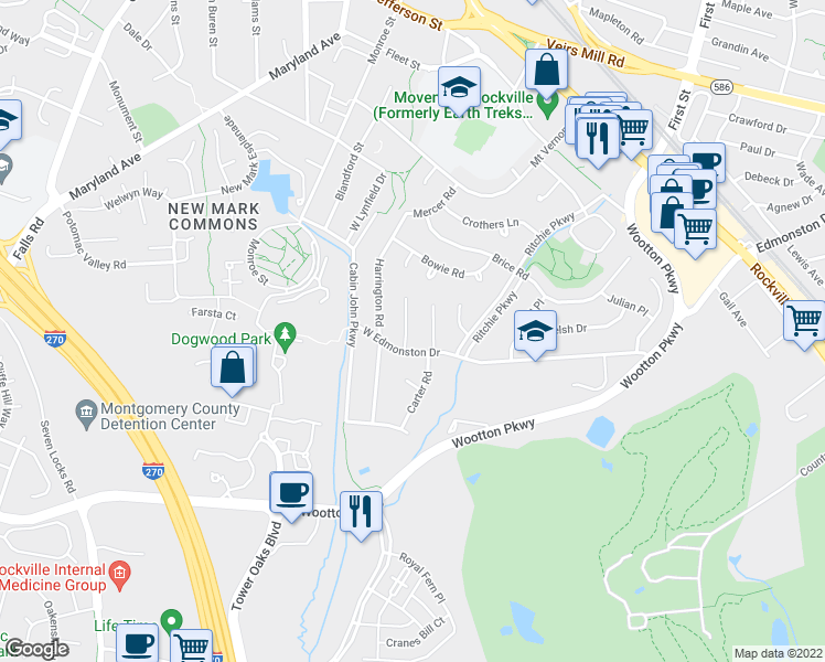 map of restaurants, bars, coffee shops, grocery stores, and more near 3 Maxim Lane in Rockville