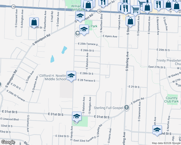 map of restaurants, bars, coffee shops, grocery stores, and more near 10521 East 28th Street South in Independence