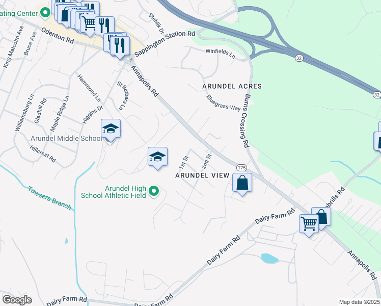 map of restaurants, bars, coffee shops, grocery stores, and more near 965 School Lane in Gambrills