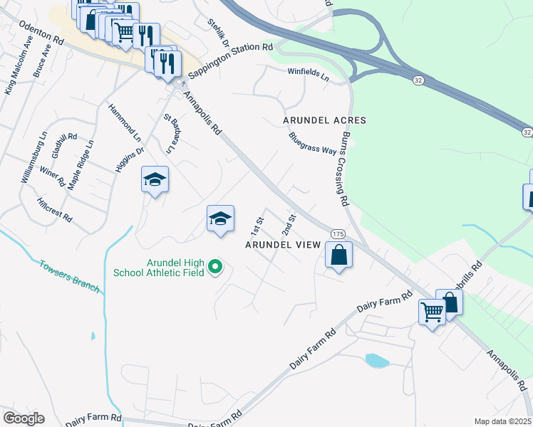 map of restaurants, bars, coffee shops, grocery stores, and more near 965 School Lane in Gambrills