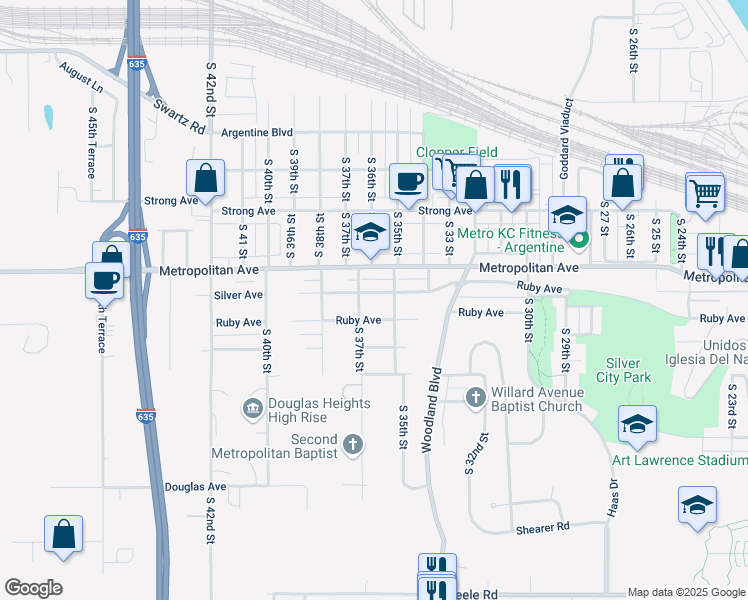 map of restaurants, bars, coffee shops, grocery stores, and more near 3503 Silver Avenue in Kansas City