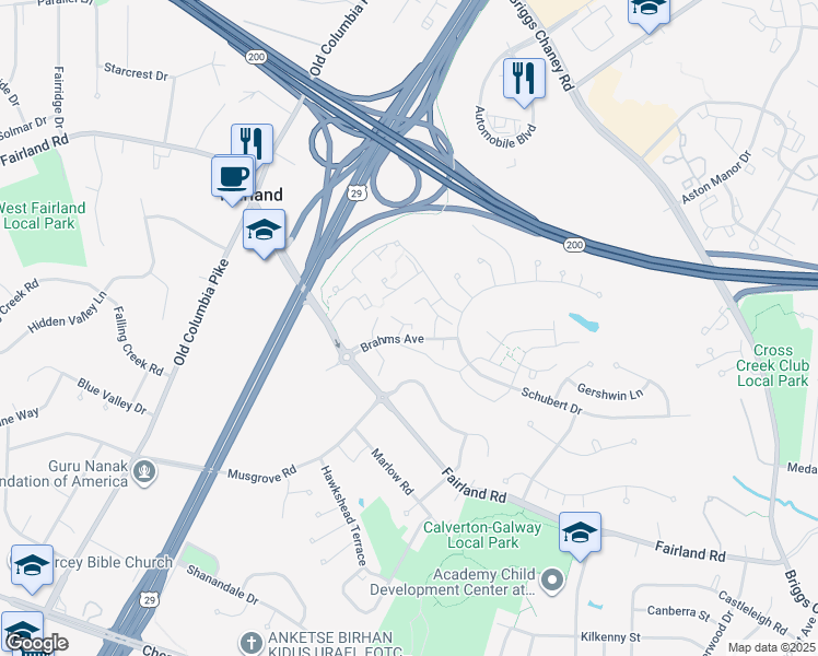 map of restaurants, bars, coffee shops, grocery stores, and more near 92 Mozart Drive in Silver Spring