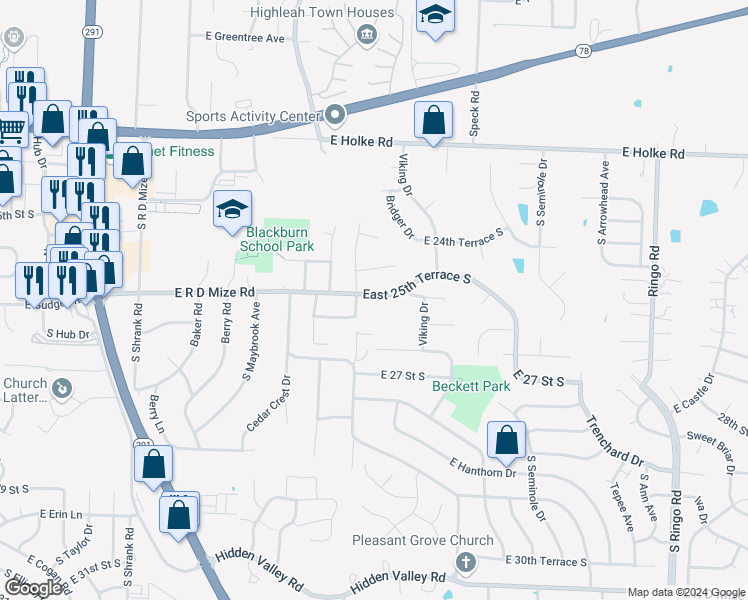 map of restaurants, bars, coffee shops, grocery stores, and more near 17909 East 25th Terrace South in Independence
