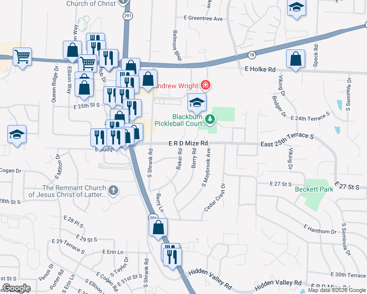 map of restaurants, bars, coffee shops, grocery stores, and more near 17201 East R D Mize Road in Independence