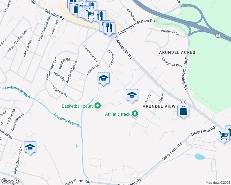 map of restaurants, bars, coffee shops, grocery stores, and more near 511 Lisa Avenue in Odenton