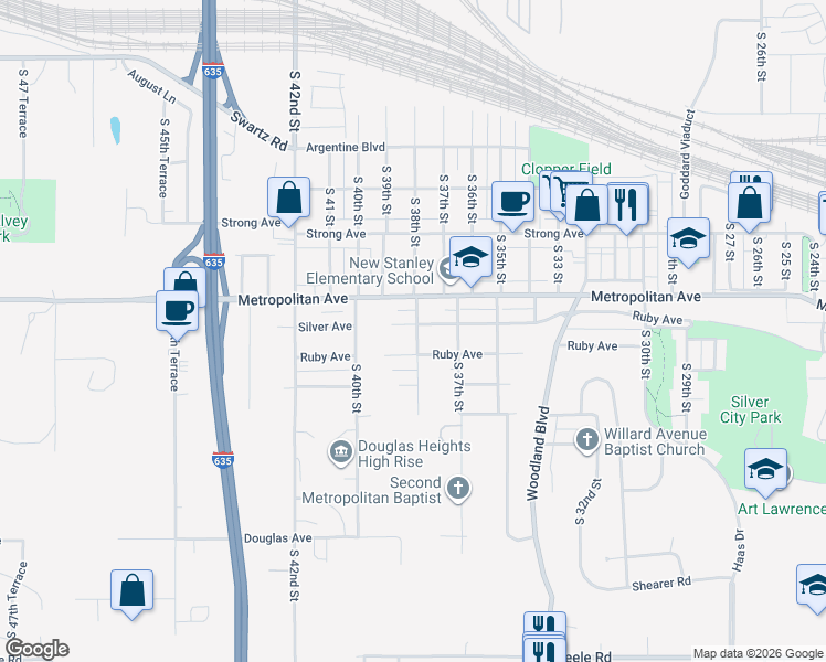 map of restaurants, bars, coffee shops, grocery stores, and more near 3801 Silver Avenue in Kansas City