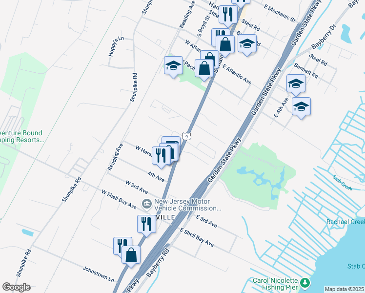 map of restaurants, bars, coffee shops, grocery stores, and more near 614 South Main Street in Cape May County
