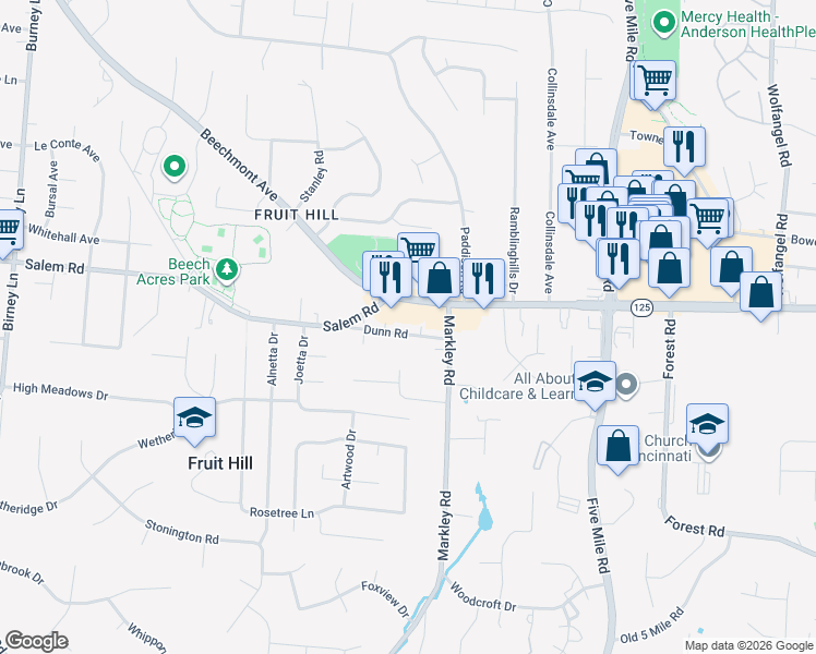 map of restaurants, bars, coffee shops, grocery stores, and more near 7158 Dunn Road in Cincinnati