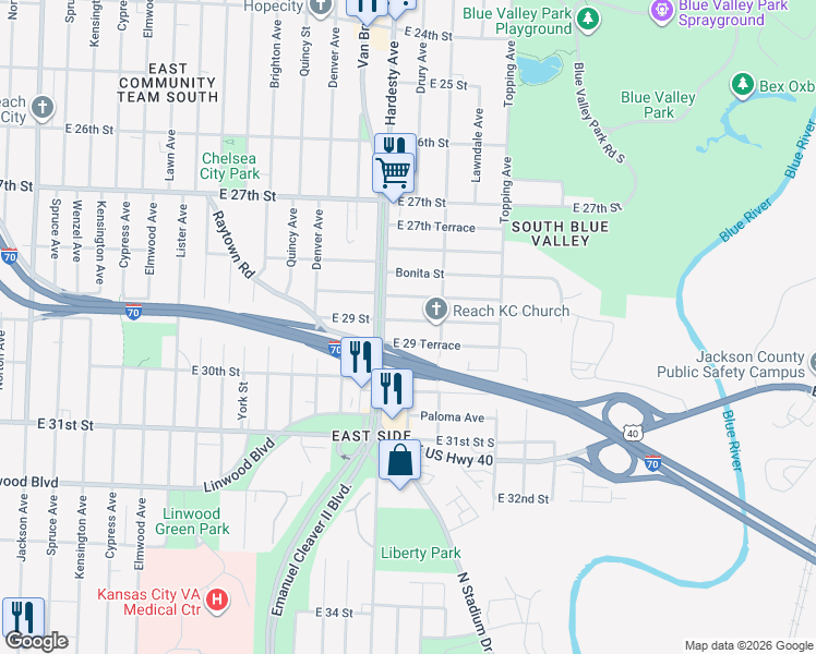 map of restaurants, bars, coffee shops, grocery stores, and more near 5420 East 29 Terrace in Kansas City