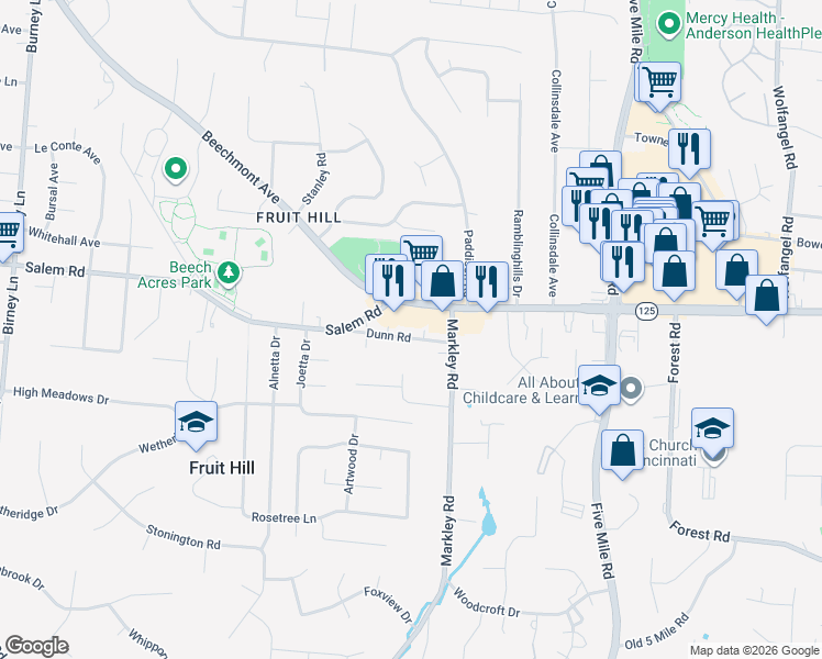 map of restaurants, bars, coffee shops, grocery stores, and more near 7158 Dunn Road in Cincinnati